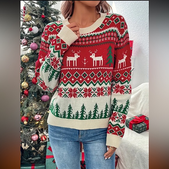 New red green cream Christmas sweater Christmas trees poinsettias reindeerer XXL - Picture 2 of 11